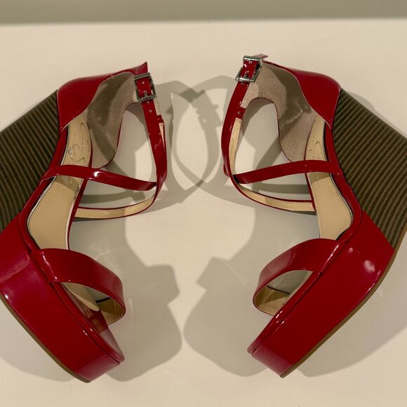 Holiday Red Patent Leather Wedge Sandals Jessica Simpson 7.5 Brand New - Picture 7 of 8